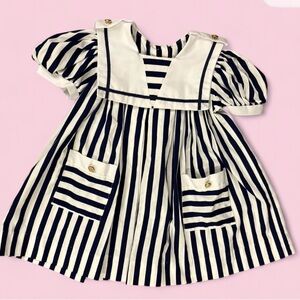 Vintage 90s Dorissa II Navy & White Nautical Sailor Stripe Dress Girls Sz 4T